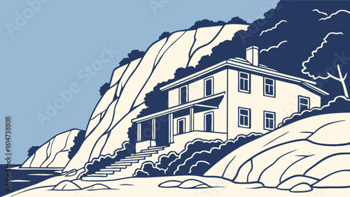 Coastal home real estate property with ocean view house on cliffside beach landscape drawing art