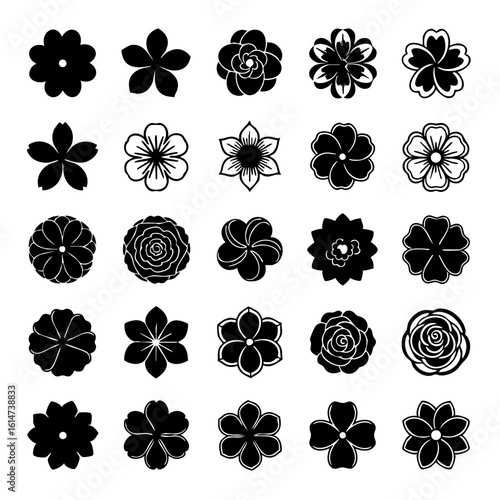 Collection of diverse black and white floral silhouettes representing various flower designs