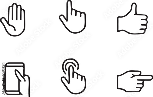 Set of vector hand icons with finger pointing and gesturing communication design for website applications and presentations in simple line art