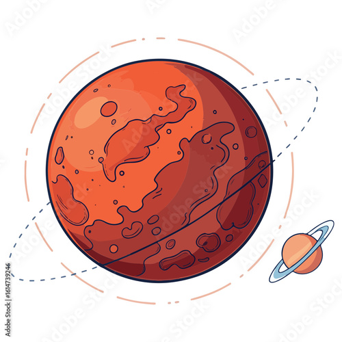 Stylized red planet with rings and a smaller companion planet