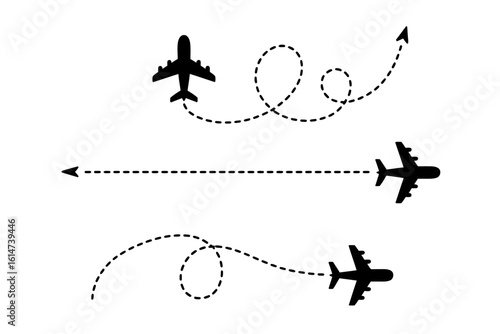 Airplane flight paths with dotted lines indicating departure travel and arrival on a clean white background for travel and tourism industry use