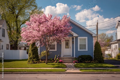 Fototapeta Naklejka Na Ścianę i Meble -  vA small blue house with white trim, a pink dogwood tree in the front yard, a suburban street, and springtime. 
