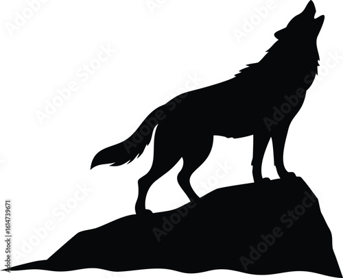 Black Silhouette of a Wolf Howling on a Rock Against White Background