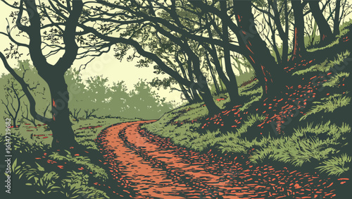 Explore scenic nature trail through the woods with trees and foliage landscape illustration art design