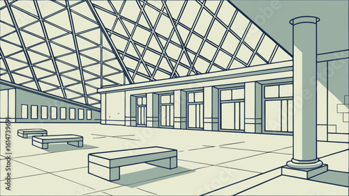 Illustration of modern museum interior with glass ceiling benches and architectural design elements