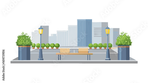 City park scene illustration with benches streetlights and greenery for urban design projects and layouts