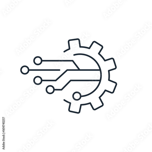 Gear with electronics. Digital technologies in equipment, mechanism. Vector linear icon isolated on white background.