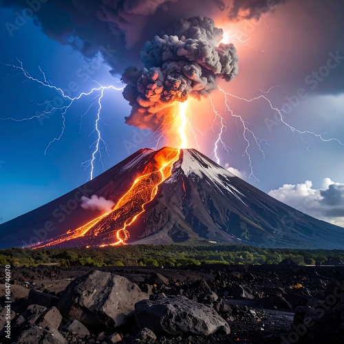 Erupting volcano with lightning striking during a dramatic storm