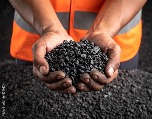 Dark, coarse aggregate held in cupped hands against a blurry background of similar material