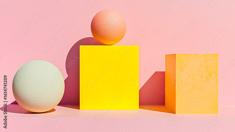 Minimalist Geometric Composition with Spheres and Cubes on Pink Background Minimalist Geometric Composition with Spheres and Cubes on Pink Background