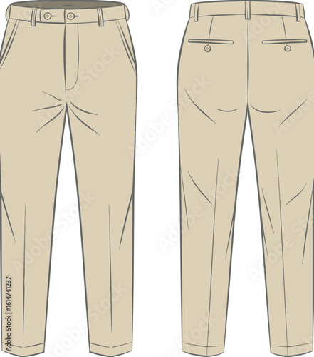 Men’s slim fit chino pants front and back technical flat sketch, beige vector CAD drawing for fashion design and garment production