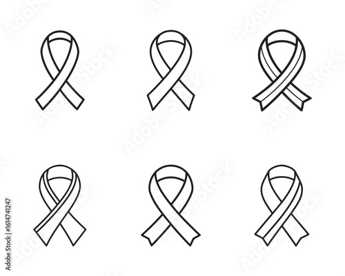 Six Awareness Ribbons in Line Black and White Symbol of Support and Solidarity for Diseases and Causes
