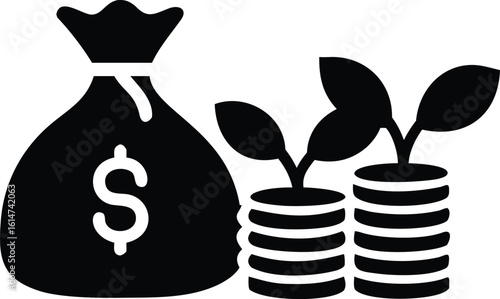 Black Silhouette of Money Bag, Coin Stacks, and Growing Plants Illustration on White