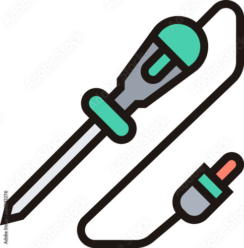 Simple line icon of a soldering iron with a power cord. Electronic equipment and repair tool vector graphic asset.
