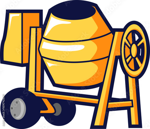 Vector illustration of a yellow portable concrete mixer. Essential construction equipment for mixing cement and building.