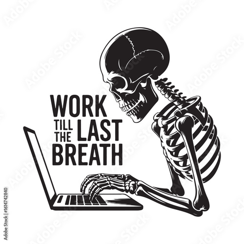 Skeleton working on laptop illustration work till last breath