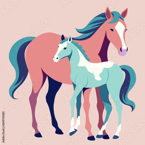 A foal and mare cuddling in a soft, pastel-colored vector design