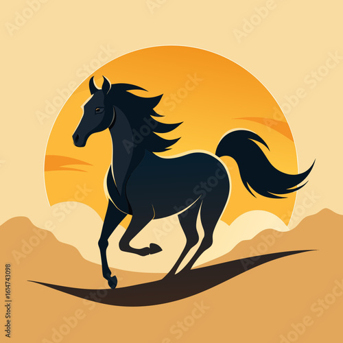 A galloping Arabian horse with flowing mane on a desert background, minimalist silhouette style