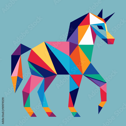 An abstract cubist horse made of overlapping colorful geometric shapes