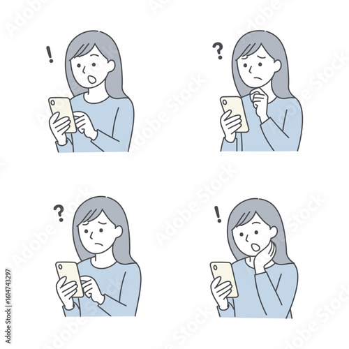 スマートフォンを見て驚く・困る女性の表情イラストセット
