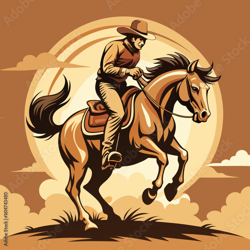 A Western-style cowboy riding a bucking bronco in sepia-toned vector art