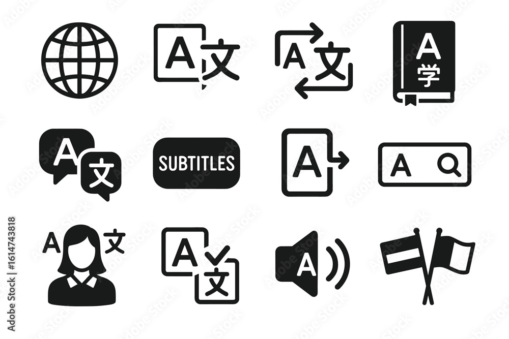 Obraz premium Language and translation icon set including subtitles, flags, and search symbols