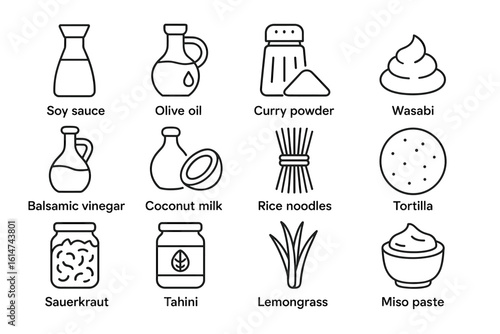 Assorted condiments and ingredients: soy sauce, curry powder, sauerkraut, lemongrass, tortilla