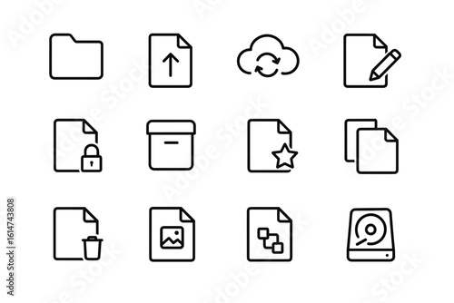 Set of file and folder icons: upload, cloud, edit, secure, image, search