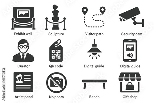 Museum icons: exhibit, sculpture, visitor path, security camera, digital guide