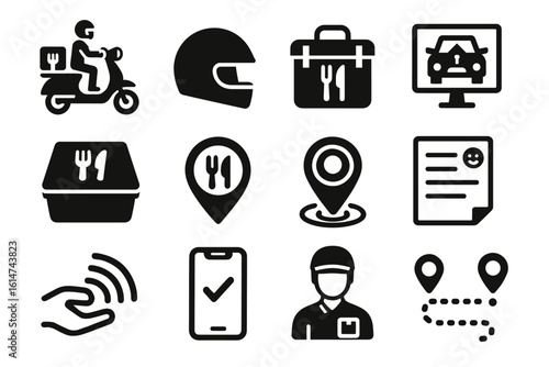 Food delivery icons set: scooter, helmet, location pin, online order, route, takeout box, mobile app