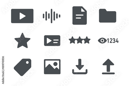 Gray icon collection: media, document, folder, star, rating, view, tag, image, download, upload symbols