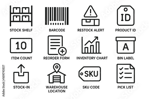 Warehouse management icons: barcode, inventory, stock tracking, alerts, logistics