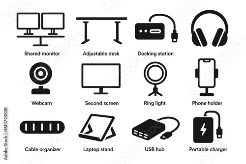 Essential office gadgets: monitors, adjustable desk, docking station, headphones, webcam, ring light