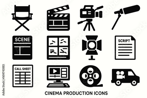 Cinema production icons: camera, script, clapperboard, studio chair, lighting