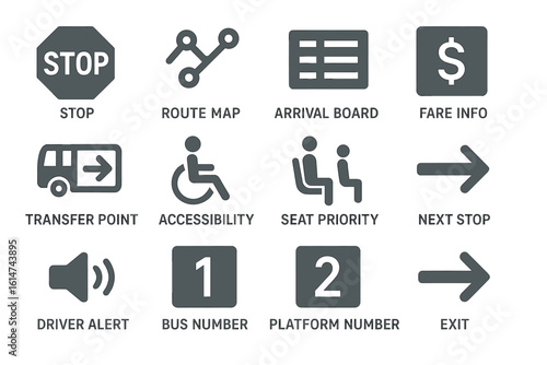Public transportation symbols: stop sign, route map, accessibility, fare info, exit