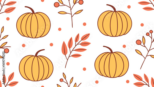Seamless pattern of orange pumpkins and autumn leaves on white fall leaf
