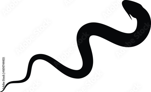Black Snake Silhouette Crawling on White Background, Minimalist Reptile Illustration Depicting a Serpent