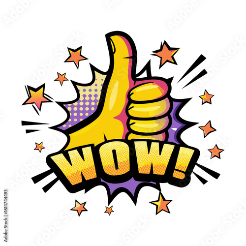 Thumb-up gesture with comic style stars and wow text in pop art, isolated vector image on transparent background  