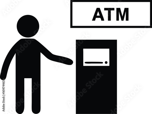 Black Stick Figure Interacting with ATM Machine, Automated Teller, Isolated on White Background Illustration