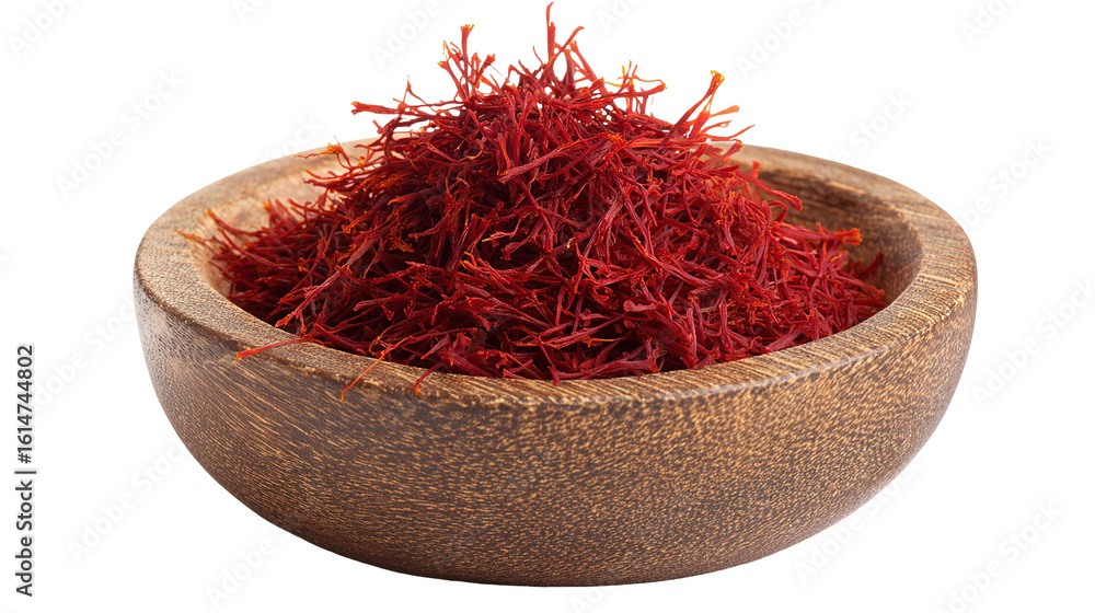 Fototapeta premium saffron thread in the wooden plate, isolated on the white background.