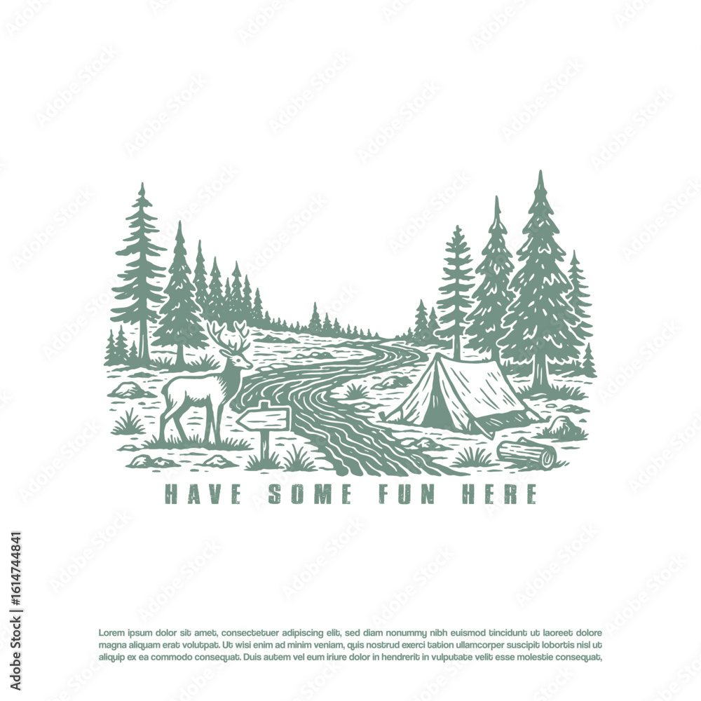 Fototapeta premium Retro hand drawn camping wild forest, tent in forest illustration