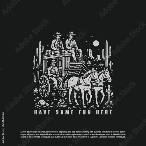 Vintage retro hand drawn three cowboy riding horse with wooden wagon isolated on black background
