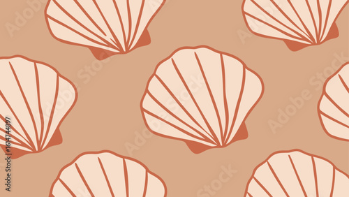 Seamless pattern of stylized pale orange conch shells on a tan background ocean beach