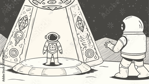 Illustration of two astronauts with a ufo featuring alien symbols on a monochrome background