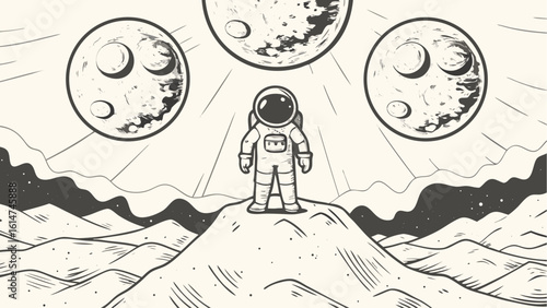 An astronaut stands on a lunar surface with three moons in the sky in a monochrome illustration