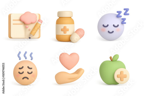 Cute 3d icons for wellness and self-care: journal, health, sleep, emot