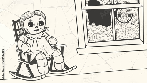 A creepy doll sits in a rocking chair with a broken window and a lurking face in the background