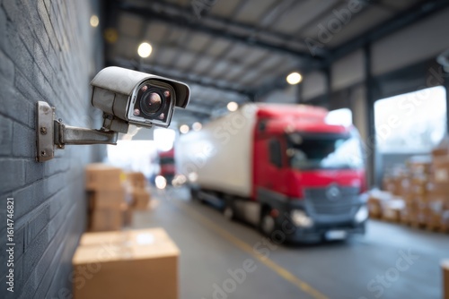 Industrial security system with a surveillance camera monitoring a logistics warehouse and transport truck at a loading dock.
