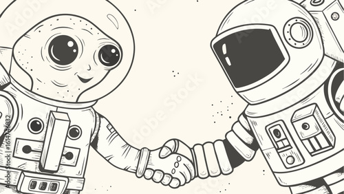An alien and astronaut in spacesuits shaking hands in a black and white line drawing style image