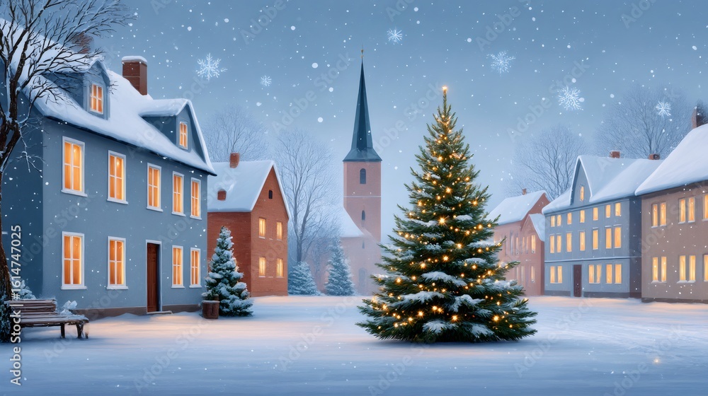 Fototapeta premium Christmas tree illuminating snowy town square at twilight